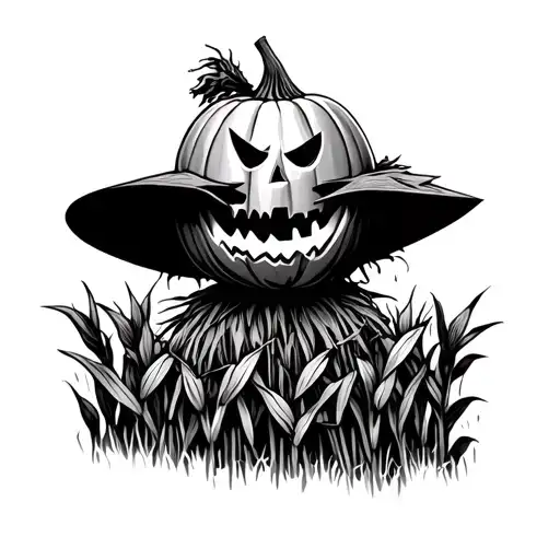 creepy scarecrow with a jack o lantern head in a cornfield  tattoo design idea