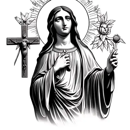 our Lady of Guadalupe with Jesus looking to the sky with a crucifix underneath tattoo design idea