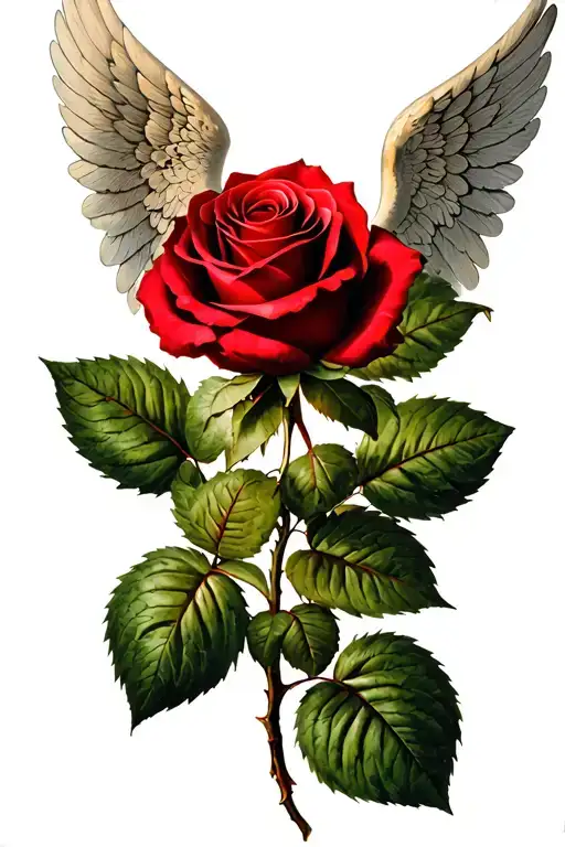 "Rose Trofle with 4 angel leaves" a red rose with an angel tattoo design idea