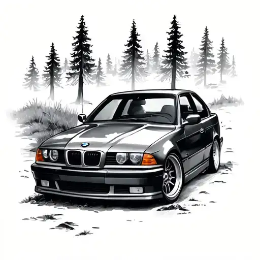 camera bmw e36 5.3ls camping forest tattoo design idea