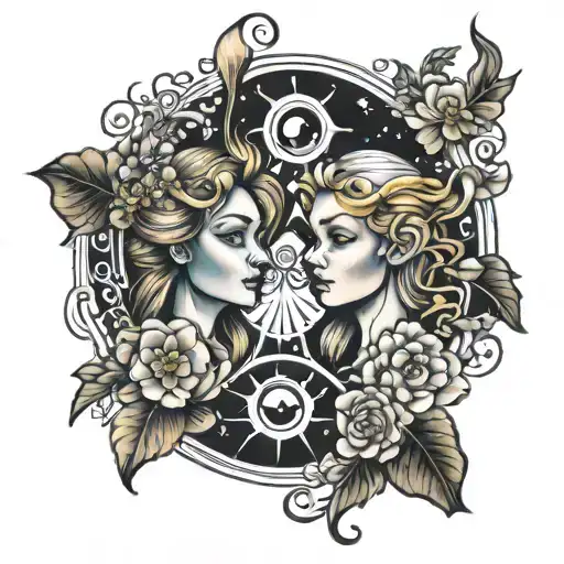 gemini and virgo with lovers eye surrounded tattoo design idea