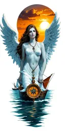 Sexy female guardian angel with a compass necklace watching over a shipwreck at sunrise tattoo design idea
