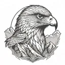 falcon head in center of rocky mountains tattoo design idea
