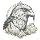 falcon head in center of rocky mountains tattoo design idea