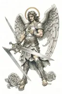  a guardian angel holding a sword, with the letters "NH60" inscribed on the sword and surrounded by three large  tattoo design idea