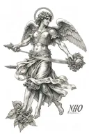  a guardian angel holding a sword, with the letters "NH60" inscribed on the sword and surrounded by three large  tattoo design idea