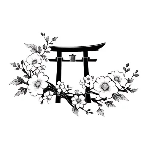 torii wrapped in flowers. Black and white tattoo design idea