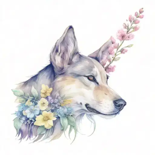 dog and flower clematis, rumex, buttercup, Carolina allspice, larch,spirea and tiger flower  tattoo design idea