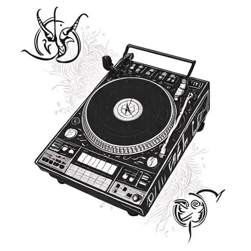A DJ turntable with intricate blackwork details and a capricorn symbol incorporated into the design tattoo design idea