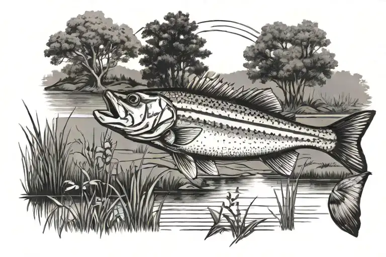 buck standing by a pond with a bass fish and a field with 3 crosses  tattoo design idea
