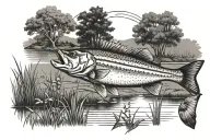 buck standing by a pond with a bass fish and a field with 3 crosses  tattoo design idea