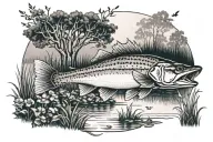 buck standing by a pond with a bass fish and a field with 3 crosses  tattoo design idea