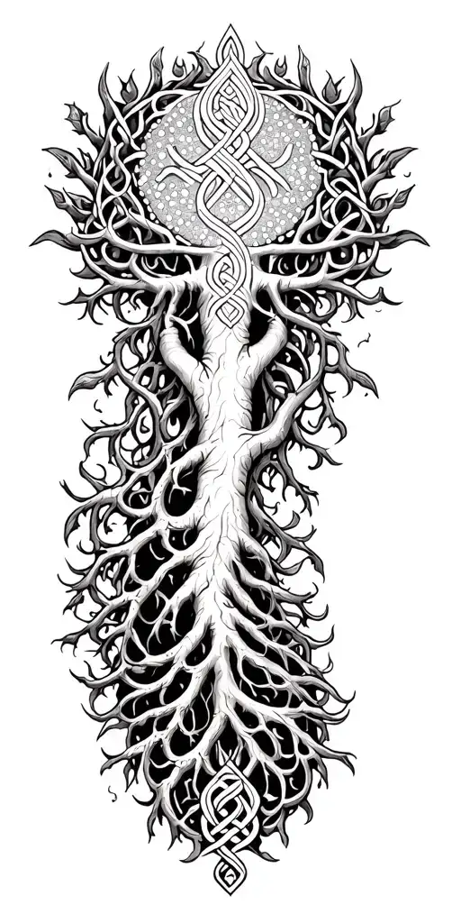 large Yggdrasil on shoulder with deep vining roots transitioning into Celtic tribal down forearm tattoo design idea