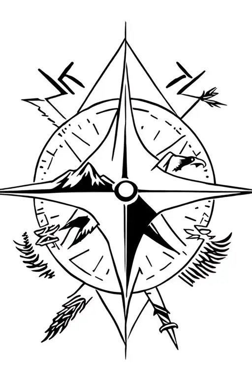compass with mountains, eagle, and ski, with arrow. Minimal  tattoo design idea