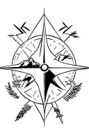 compass with mountains, eagle, and ski, with arrow. Minimal  tattoo design idea