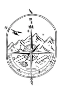 compass with mountains, eagle, and ski, with arrow. Minimal  tattoo design idea