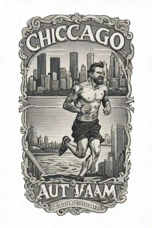 Runner with Chicago Skyline in background with Latin phrase " aut inveniam viam aut faciam"  tattoo design idea