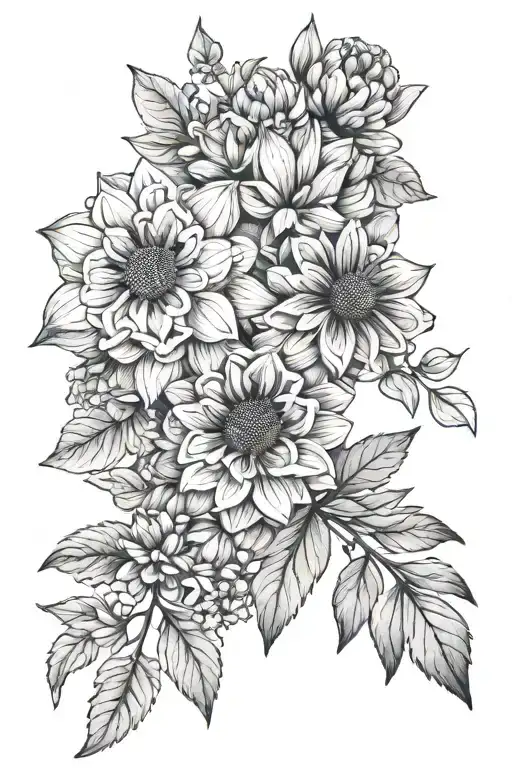 June birth flower, august birth flower, and July birth flower in small bouquet simple tattoo design idea