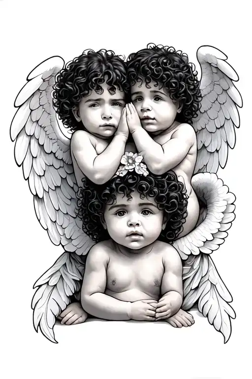 see no evil hear no evil speak no evil baby an angels with black curly hair  tattoo design idea