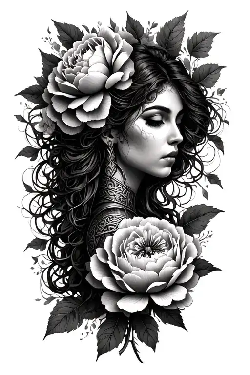 woman, peonies, celtic warrior, strength inspired tattoo design idea