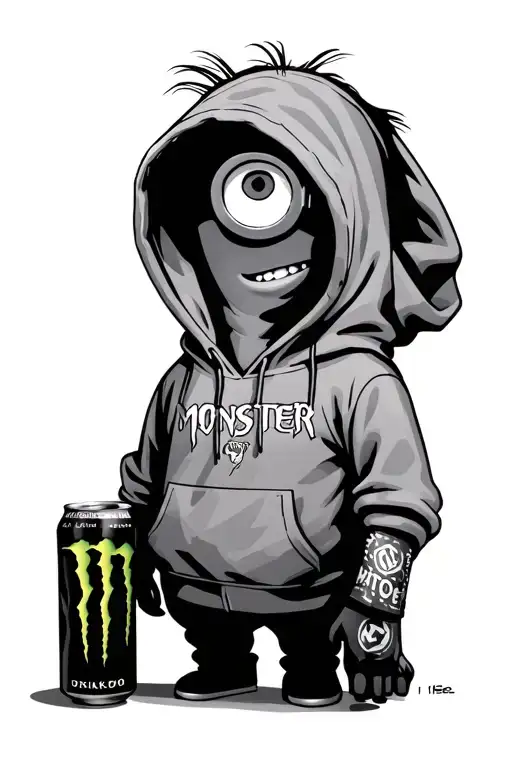 minion in a hoodie with monster energy drink tattoo design idea