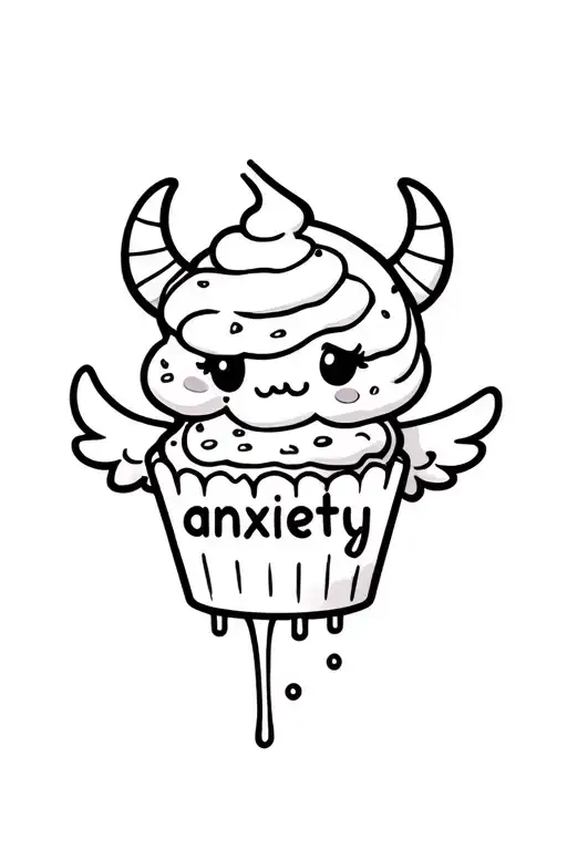 cute chibi monster with min horns and wings eating a cupcake labled "anxiety" as the frosting and the words is dripping  tattoo design idea