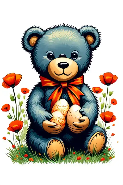 teddy bear wearing a ribbon on the neck holding hardboiled eggs in poppy field tattoo design idea