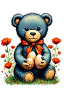 teddy bear wearing a ribbon on the neck holding hardboiled eggs in poppy field tattoo design idea