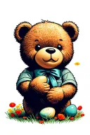 teddy bear wearing a ribbon on the neck holding hardboiled eggs in poppy field tattoo design idea