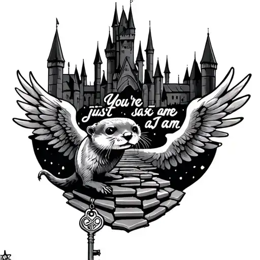 "You're just tye same as I am." Black and white. Otter patronus charm. Hogwarts castle. Key with wings. Flying car. Thestrals. Foots steps. tattoo design idea