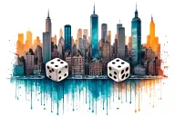 Nyc Skyline buildings in a line with 3 dice symbolizing the gamble tattoo design idea