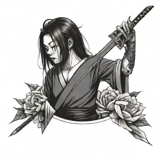 make a Japanese girl with flowers, holding a dagger and doing harakiri tattoo design idea
