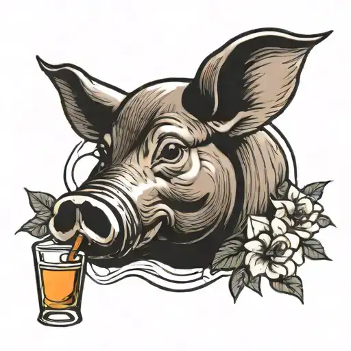 an intricate sailor Jerry style tattoo of  a pig enjoying a day drinking session with a whiskey bottle and daffodils  tattoo design idea