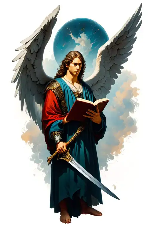 fallen angel penemue, a angel holding and reading a book with a sword nonchalant at his side. standing and surreal  tattoo design idea