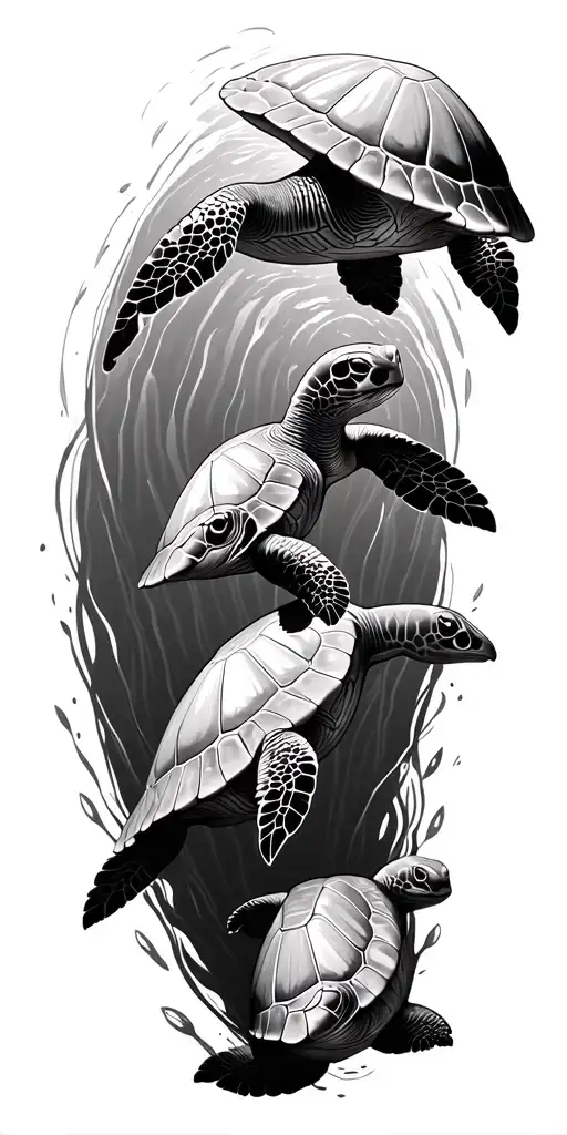family of four sea turtle swimming tattoo design idea