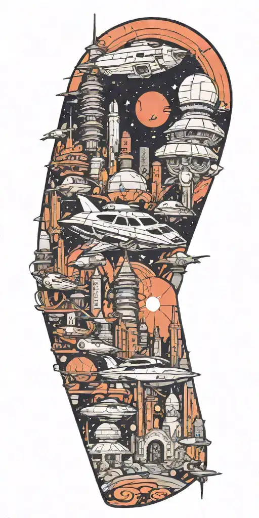 A new-school tattoo design featuring a futuristic cityscape with elements of anime, Star Wars ships, and fantasy creatures tattoo design idea