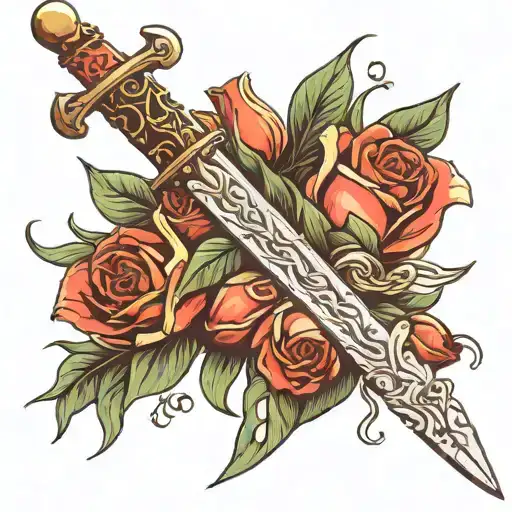 bouquet of tulips and roses wrapped around a sword   tattoo design idea