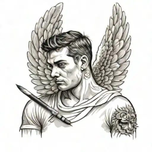 A portrait of your brother with angel wings, holding a paintbrush and canvas, showcasing his passion for art and determination despite his learning disability tattoo design idea