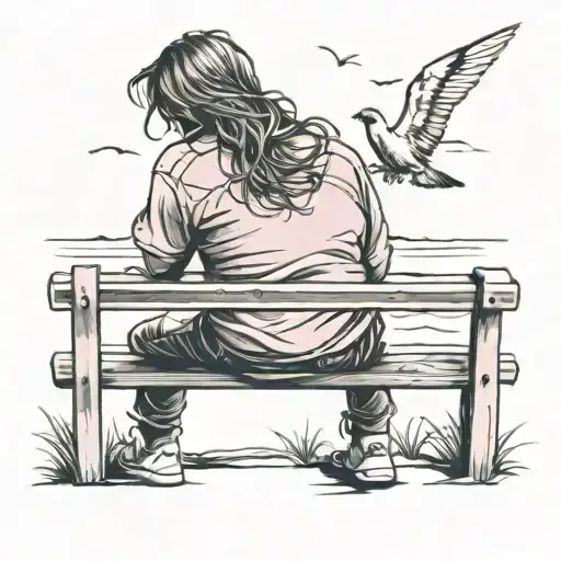Draw someone with their back turned and sitting on a bench looking at the beach but the sky is pink and birds are flying tattoo design idea