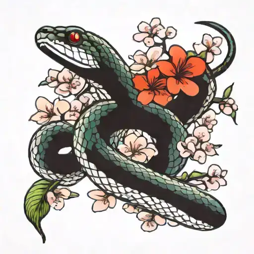 snake and cherry blossom flowers tattoo design idea