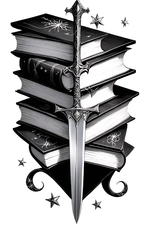 fantasy, multiple books, swords, stars tattoo design idea