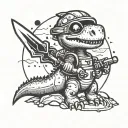 cute simple cartoon dinosaur wearing an astronaut helmet on a planet with a longsword and trident somewhere tattoo design idea