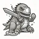 cute simple cartoon dinosaur wearing an astronaut helmet on a planet with a longsword and trident somewhere tattoo design idea