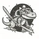 cute simple cartoon dinosaur wearing an astronaut helmet on a planet with a longsword and trident somewhere tattoo design idea