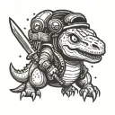 cute simple cartoon dinosaur wearing an astronaut helmet on a planet with a longsword and trident somewhere tattoo design idea