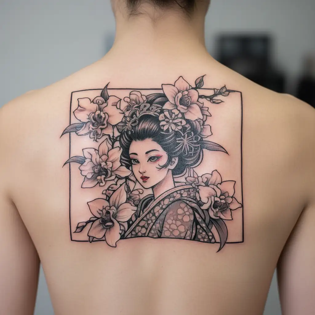anime orchids Japanese geisha tattoo design idea