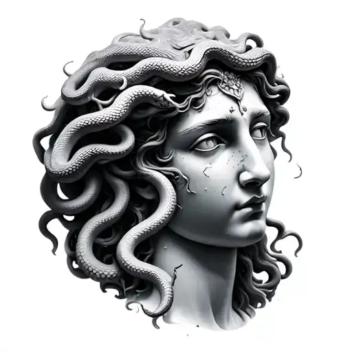 Medusa as a godess statue, some damage to the stone on one side of the face, snakes waking up and appear to be frozen in tattoo design idea