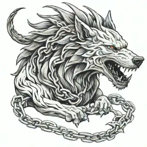 Vigvisir from which Fenrir's body and head emerge, he is also chained, but broken chains tattoo design idea