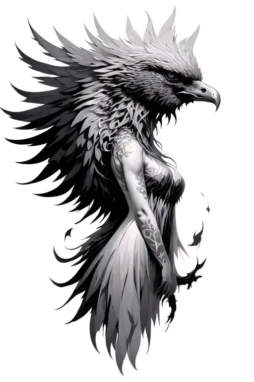 Phoenix rising out of dieing female tattoo design idea