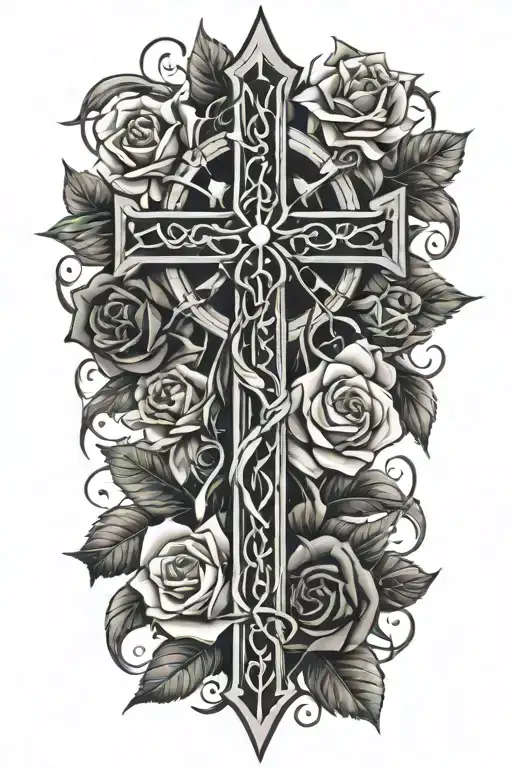 tribal cross covered with roses and thorns wrapped tattoo design idea